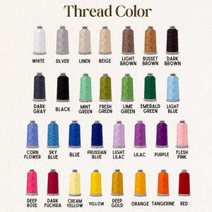May include: A color chart titled Thread Color displaying twenty-eight spools of embroidery thread in various shades including white, silver, linen, beige, brown, gray, black, green, blue, lilac, purple, pink, yellow, orange, and red.