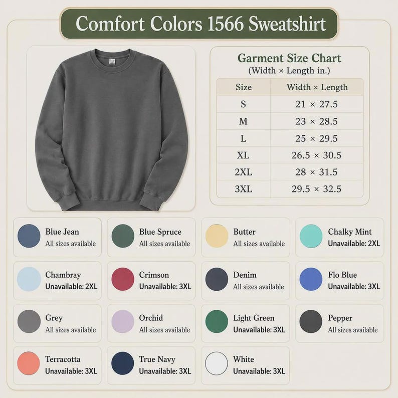 May include: A charcoal grey crewneck sweatshirt displayed next to a size chart with width and length measurements in inches. Below, a color palette grid lists sixteen color options including Blue Jean, Blue Spruce, Butter, Chalky Mint, Chambray, Crimson, Denim, Flo Blue, Grey, Orchid, Light Green, Pepper, Terracotta, True Navy, and White.