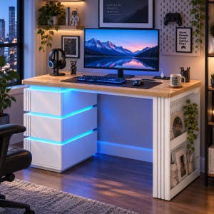 May include: A white gaming desk with a light wood top and integrated blue LED lighting in the drawer fronts. The desk features a three-drawer pedestal on the left and a side storage shelf unit on the right, supporting a computer monitor, keyboard, and mouse.