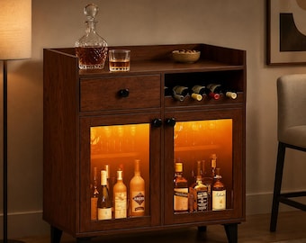 Walnut Wine Bar Cabinet with LED Lights, Small Coffee Bar Cabinet, Liquor Storage Sideboard with Glass Doors, Drawer & Wine Rack