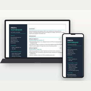 May include: A laptop and a smartphone displaying a professional CV for Priya Natarajan, a software engineer. The CV features a dark blue sidebar with contact details, programming languages, and tools, alongside a white main section.