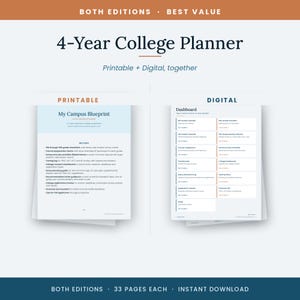 May include: A 4-Year College Planner bundle featuring both printable and digital editions. The printable side displays a My Campus Blueprint page with checklists and trackers. The digital side shows a dashboard with clickable navigation links.