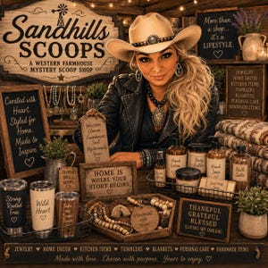 May include: A collection of Western farmhouse decor including tumblers with text, wooden signs with inspirational quotes, beaded jewelry, and apothecary items like hand lotion and soap, all arranged on a wooden surface with a rustic aesthetic.