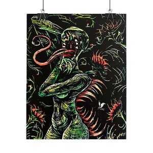 May include: A vertical art print on a black background featuring a stylized creature with a long, protruding red tongue, sharp teeth, and clawed hands. The figure is rendered in vibrant green, yellow, and orange lines, surrounded by abstract floral shapes.