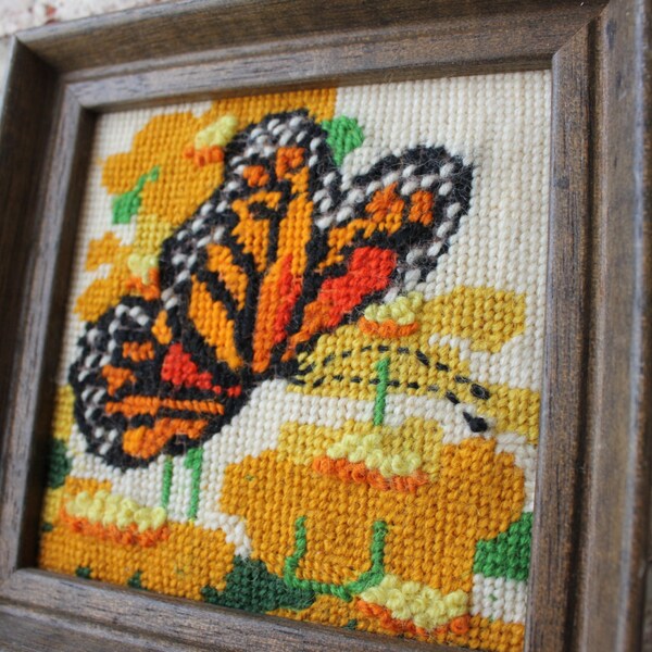 Vintage Needlepoint framed yarn art Monarch Butterfly and Flowers