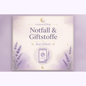 May include: A square informational card with a light purple watercolor background and lavender sprigs on the sides. The text reads LunauraShop, Notfall & Giftstoffe, and Kurzblatt. A central circle contains a smartphone icon with a phone symbol.