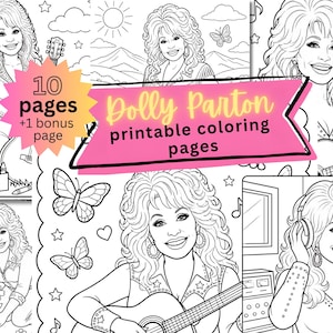 Puede incluir: Una colección de páginas para colorear imprimibles en blanco y negro con ilustraciones de Dolly Parton. El texto en la imagen dice 10 pages +1 bonus page y Dolly Parton printable coloring pages. Los diseños incluyen temas musicales.