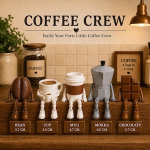 May include: A set of five small figurines labeled BEAN 5.7 CM, CUP 5.5 CM, MUG 5.7 CM, MOKKA 6.0 CM, and CHOCOLATE 5.7 CM. The figures include a brown coffee bean, a white cup of coffee, a white travel mug, a grey moka pot, and a brown chocolate bar.