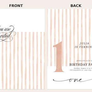 Plantilla de invitación para el primer cumpleaños, editable en Canva, diseño de rayas rosas para fiesta de primer cumpleaños de niña, descarga instantánea, plantilla editable.
