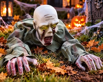 Może przedstawiać: Pełzająca figurka zombie z bladą skórą, żółtymi oczami i czerwonymi, krwawymi śladami na twarzy. Figurka ma na sobie poszarpaną, jasnozieloną koszulę z długim rękawem oraz szczegółowe, poplamione krwią dłonie wyciągnięte do przodu.