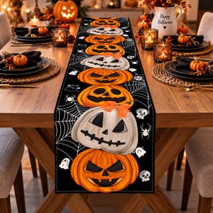 May include: A black table runner featuring a vertical pattern of alternating orange and white jack-o'-lanterns with orange bows, accented by white spiderwebs, small ghosts, and skulls printed across the fabric surface for a Halloween theme.