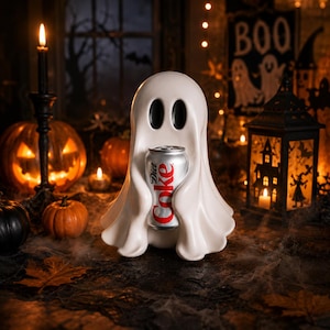 Peut inclure: Une figurine de fantôme en céramique blanc cassé lisse avec de grands yeux noirs ovales. Le fantôme est sculpté avec des bords drapés et fluides, tenant une canette en aluminium argenté de Diet Coke avec une marque rouge et blanche au centre.