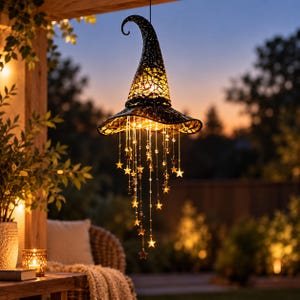 May include: A black metal witch hat lantern featuring intricate cut-out patterns and a warm glowing light. Hanging from the brim are multiple delicate strands adorned with small clear beads and metallic star-shaped charms that catch the light.