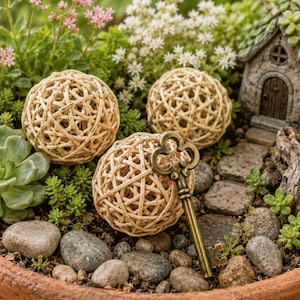 May include: Three round woven rattan spheres in a light tan color are arranged alongside a vintage-style brass skeleton key. These items are placed within a miniature garden setting featuring small green succulents, tiny white flowers, and a stone house.