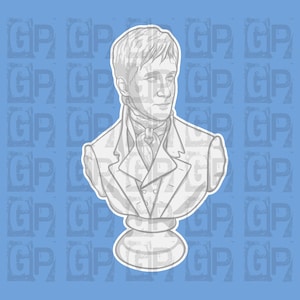 May include: A light gray illustration of a bust depicting a person with short hair, wearing a collared jacket and a cravat. The figure is centered against a light blue background featuring a repeating pattern of the letters GP in a dark blue font.