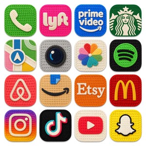 May include: A collection of sixteen square crochet appliques featuring various brand and app logos, including phone, Lyft, Prime Video, Starbucks, maps, camera, flower, Spotify, Airbnb, Amazon, Etsy, McDonald's, Instagram, TikTok, YouTube, and Snapchat.