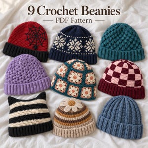 Puede incluir: Una colección de nueve gorros de ganchillo presentados como patrón PDF. Los gorros presentan varios diseños, incluyendo una telaraña, copos de nieve, cuadrados florales, patrones de cuadros, rayas y texturas sólidas en rojo, azul, morado y marrón.