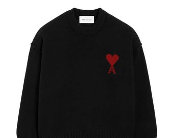 AMI Paris Vintage Heart Knit Sweater | Classic Crewneck Pullover | Unisex Jumper