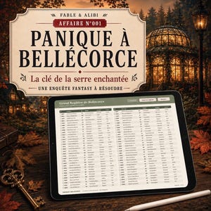 Op de afbeelding: Een tablet met een digitaal register genaamd Grand Registre de Bellecorce, vergezeld van een metalen sleutel en een stylus. Het scherm toont een tabel met kolommen met namen en gegevens. Op de achtergrond staat een bord met de tekst Fable & Alibi, Affaire N°001, Panique à Bellecorce, La clé de la serre enchantée, Une enquête fantasy à résoudre.