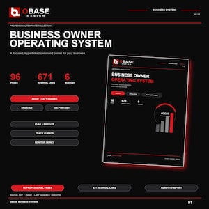 Peut inclure: Un modèle numérique Business Owner Operating System sur fond noir avec des accents rouges. La mise en page affiche 96 pages, 671 liens internes et 6 modules. Le texte inclut Business Owner Operating System, Plan clearly, Execute consistently, Build a business that works, et Focus.
