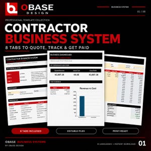 Peut inclure: Une collection de modèles de système d'entreprise pour entrepreneurs avec trois vues de documents aux accents noirs, blancs et rouges. Le texte inclut Contractor Business System, 8 Tabs to Quote, Track & Get Paid, Business Dashboard et Revenue vs Cost.