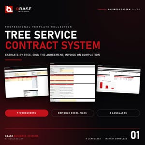 Może przedstawiać: Kolekcja profesjonalnych szablonów o nazwie Tree Service Contract System od OBASE Design. Grafika przedstawia trzy podglądy arkuszy kalkulacyjnych oraz tekst 7 Worksheets, Editable Excel Files i 8 Languages na ciemnym tle.