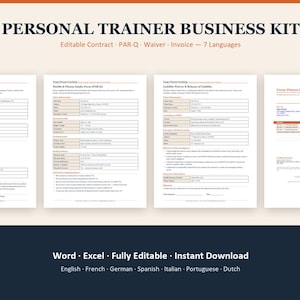 Personal Trainer Business Kit, Editable Training Contract PAR-Q Waiver Invoice, Fitness Coach Forms, 7 Languages, Instant Download