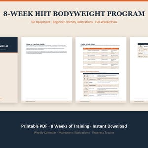 Peut inclure: Un document numérique intitulé 8-WEEK HIIT BODYWEIGHT PROGRAM présentant quatre pages côte à côte. Les pages comprennent une couverture, un guide d'utilisation, un tableau de programme hebdomadaire complet et une liste d'illustrations d'exercices.