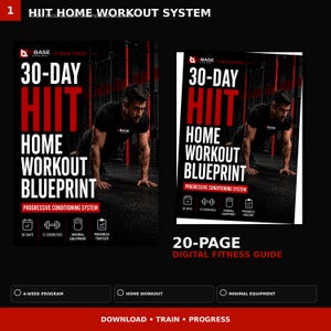 Peut inclure: Un guide de fitness numérique de 20 pages intitulé 30-Day HIIT Home Workout Blueprint. La couverture montre une personne en t-shirt noir faisant une planche. Le texte inclut Progressive Conditioning System, 30 days, 12 exercises, minimal equipment, progress tracker.