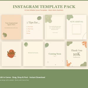 Instagram Template Pack, Editable Canva Post Templates, Boho Small Business Social Media Bundle, 8 Designs Digital Download