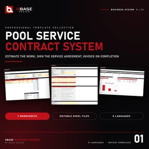 Peut inclure: Une collection de modèles professionnels de système de contrat de service de piscine par OBASE DESIGN. Le document numérique présente trois vues de feuilles de calcul incluant devis, contrat et tableau de bord en rouge et noir.