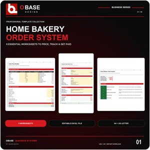Peut inclure: Une collection de modèles numériques intitulée Home Bakery Order System par OBASE Design. Le graphique affiche trois aperçus de feuilles de calcul, dont un Cake Price Builder, un Custom Cake Order Form et un Home Bakery Order System en rouge et blanc.