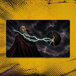 May include: A rectangular playmat featuring an illustration of an elderly wizard with a long beard and dark robes casting a bright blue lightning bolt from their hand toward a large, cracked, floating dark stone sphere against a stormy sky.