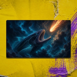 May include: A rectangular desk mat featuring a dark blue, deep-sea fish with an open mouth full of sharp teeth, swimming through dark, swirling clouds towards a bright orange, glowing comet streaking across the upper right corner of the scene.