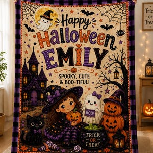 May include: A rectangular throw blanket featuring a Halloween theme with the text Happy Halloween EMILY and SPOOKY, CUTE & BOO-TIFUL!. The design includes a haunted house, a girl in a witch hat, a ghost, a black cat, pumpkins, and a cauldron.