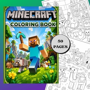 Pode incluir: Um livro de colorir Minecraft com uma capa colorida apresentando Steve segurando uma picareta, um lobo, uma galinha e um creeper em uma paisagem de blocos. O texto diz Minecraft Coloring Book. Um selo circular indica 50 páginas. Páginas de arte em preto e branco são visíveis.