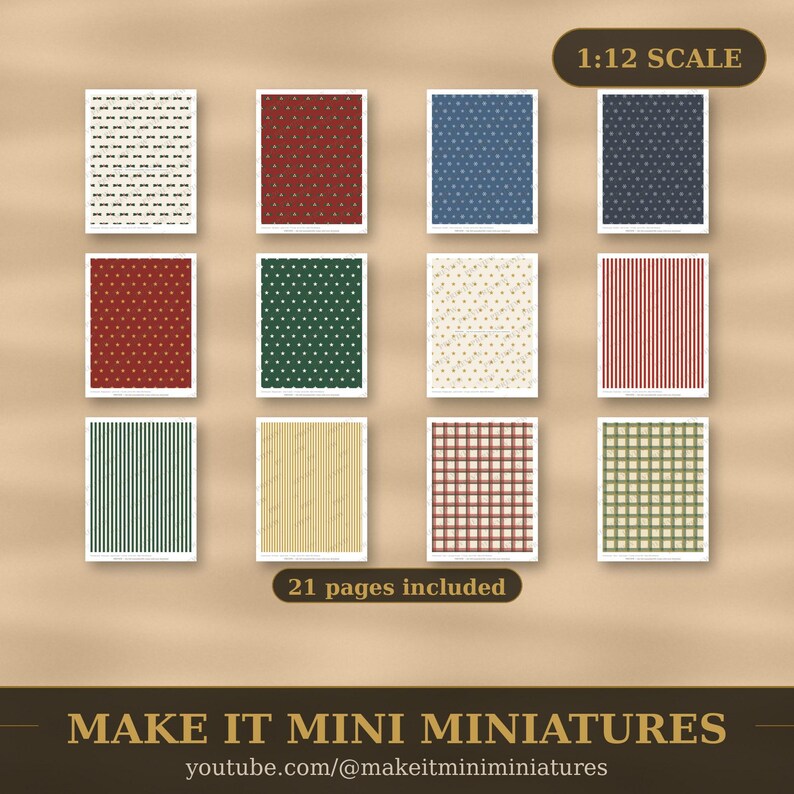 Papel pintado y suelo navideño para casa de muñecas, imprimible a escala 1:12 — 20 láminas, acebo, nieve, tartán imagen 4