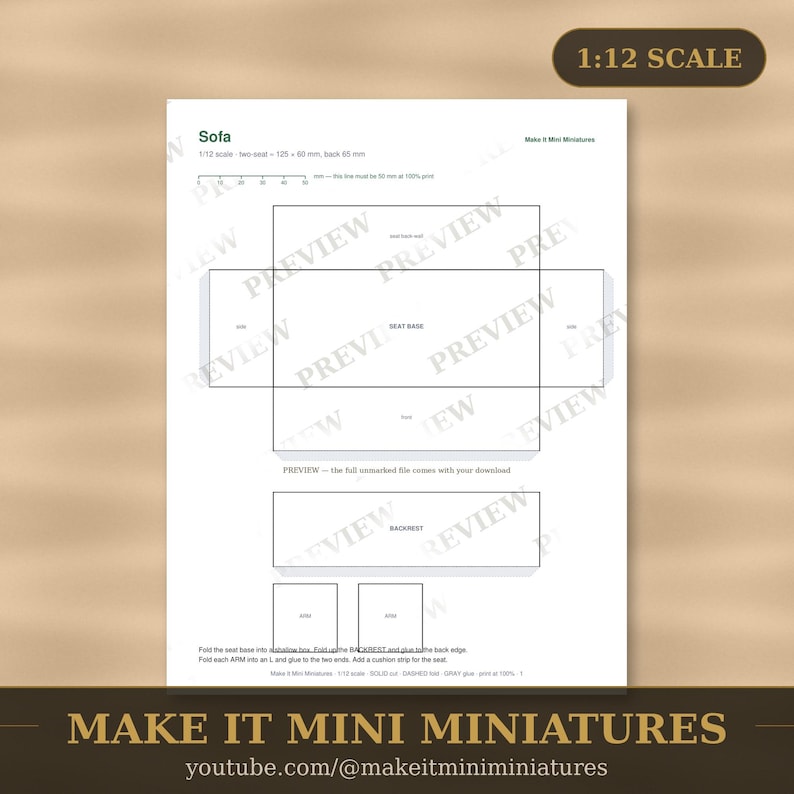 Dollhouse Sofa Template 1:12 Scale — Printable Miniature Furniture Cut-Out Pattern image 1