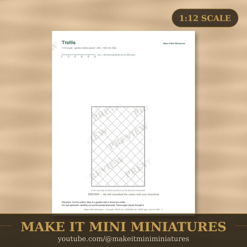 Dollhouse Garden Trellis Template 1:12 Scale — Printable Miniature Furniture Cut-Out Pattern image 1