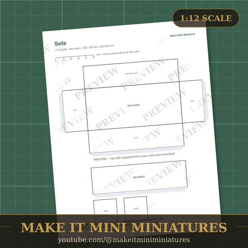 Dollhouse Sofa Template 1:12 Scale — Printable Miniature Furniture Cut-Out Pattern image 2
