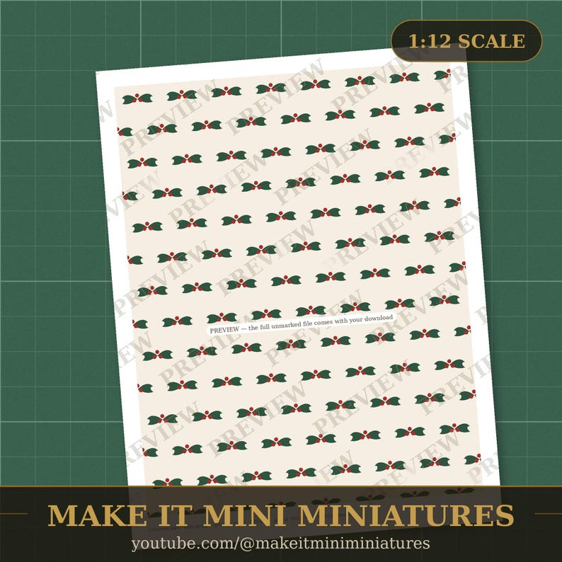 Papel pintado y suelo navideño para casa de muñecas, imprimible a escala 1:12 — 20 láminas, acebo, nieve, tartán imagen 2