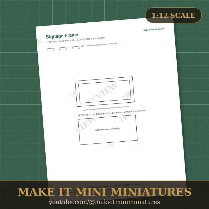 Dollhouse Signage Frame Template 1:12 Scale — Printable Miniature Furniture Cut-Out Pattern image 2