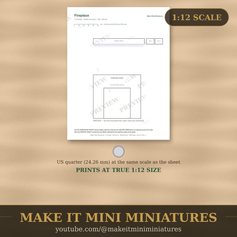 Dollhouse Fireplace Template 1:12 Scale — Printable Miniature Furniture Cut-Out Pattern image 4