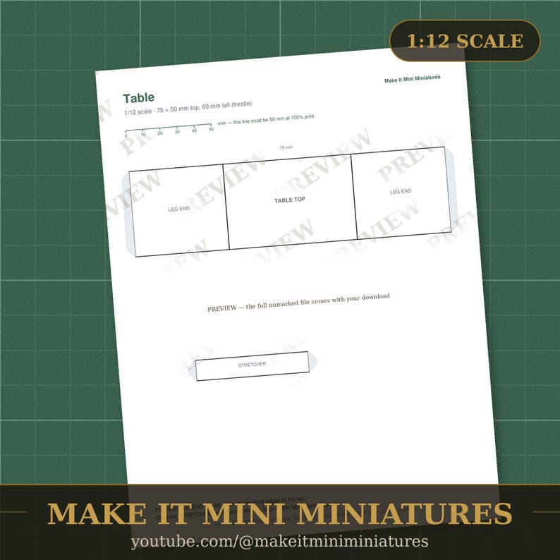 Dollhouse Table Template 1:12 Scale — Printable Miniature Furniture Cut-Out Pattern image 2