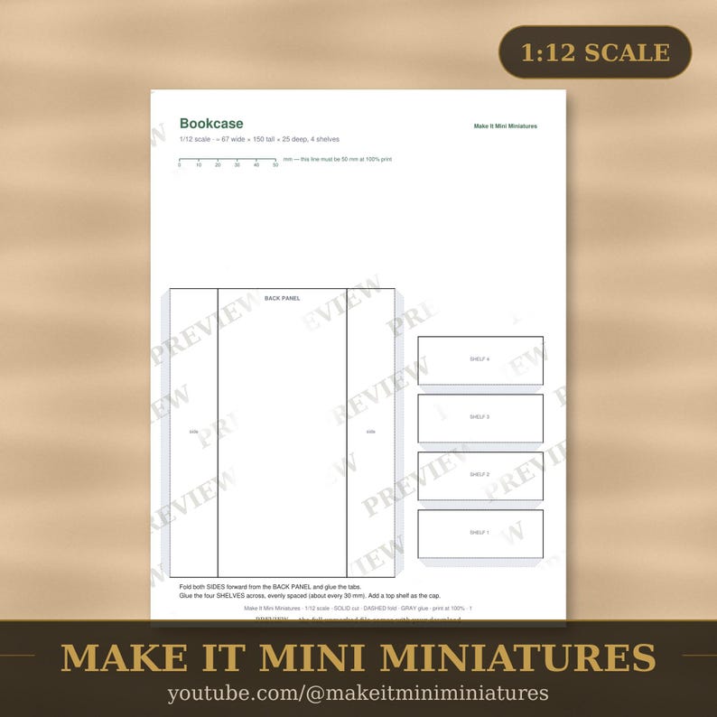 Dollhouse Bookcase Template 1:12 Scale — Printable Miniature Furniture Cut-Out Pattern image 2