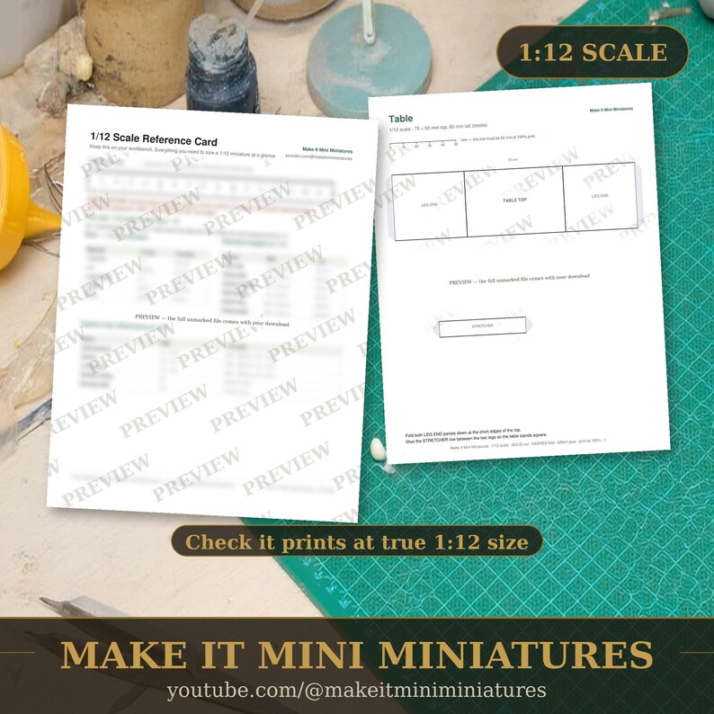 Dollhouse Table Template 1:12 Scale — Printable Miniature Furniture Cut-Out Pattern image 3