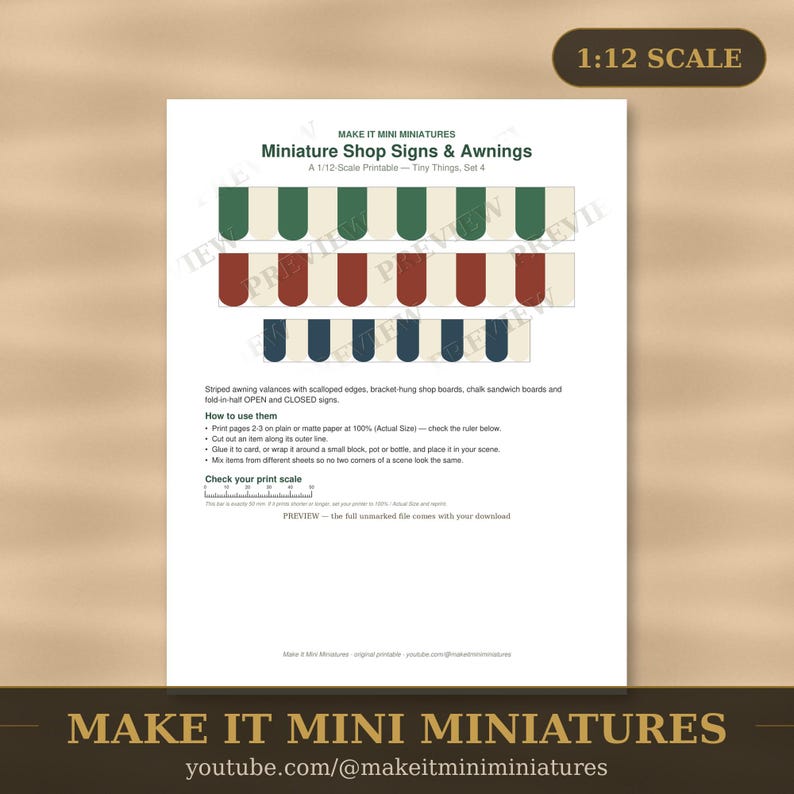 Miniature Shop Signs & Awnings Printable 1:12 Scale — Dollhouse Accessories Digital Download image 1