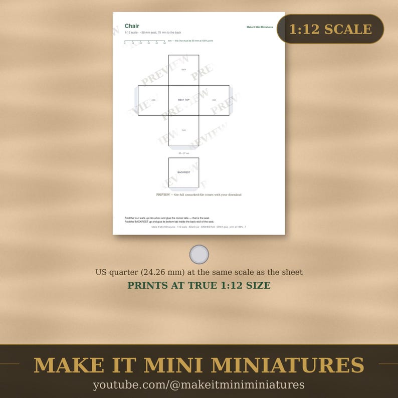 Dollhouse Chair Template 1:12 Scale — Printable Miniature Furniture Cut-Out Pattern image 4