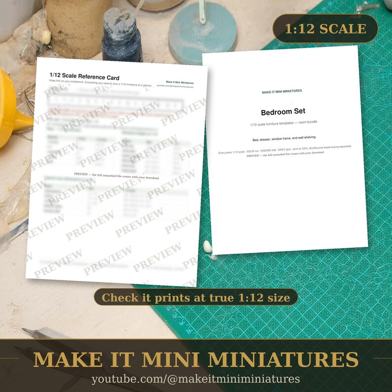 Dollhouse Bedroom Furniture Set 1:12 Scale — 4 Printable Miniature Templates image 3