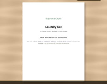 1:12 Scale Dollhouse Laundry Set – Printable Washer, Drying Rack, Shelf, Table (Digital Download)